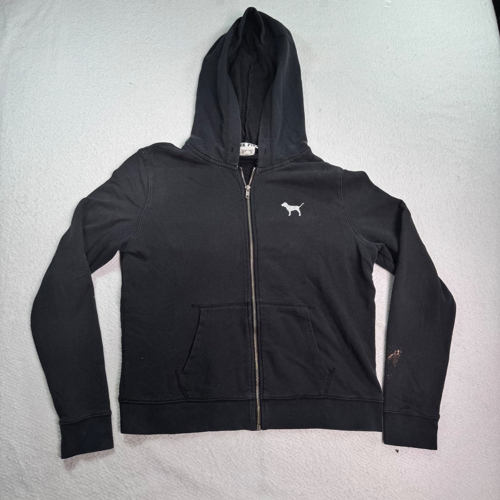PINK Victoria's Secret Zip Up Hoodie Black Full Zip Spellout Logo Women's S